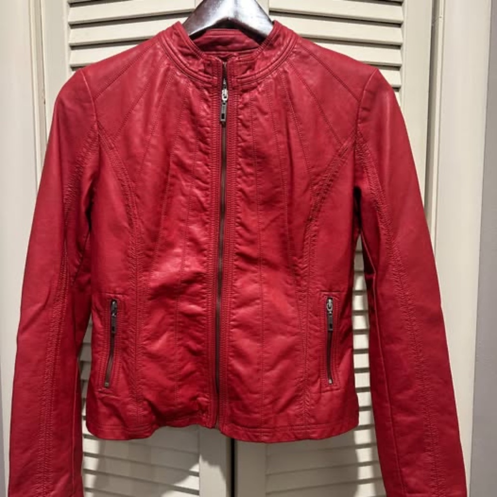 Women's Vegan Leather Red MOTO zip up Jacket